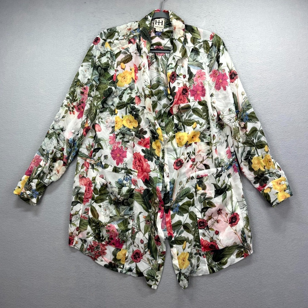 Haute Hippie Shirt Dress Women's Large Multi Floral Silk Long Sleeve Open Front‎